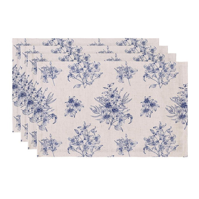 LilyCat Linen Fabric Blue Floral Placemats, Waterproof Durable Boho Dining Table Mats for Kitchen, Rustic Vintage Washable Place Mats Set of 4, 18’’× 12’’