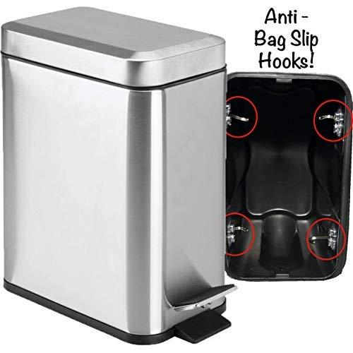 Soft Close Lid, Brushed Stainless Steel, Rectangular Trash Can 5L with Anti - Bag Slip Liner, Small Waste Basket, Dust Bin, Home Accessory, or Decor in Bathroom, Restroom, Kitchen, or Bedroom
