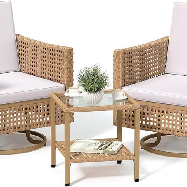 YITAHOME 3 Pieces Swivel Rocking Chairs, Patio Wicker Chairs Outdoor Patio Furniture Set with Rattan Side Table, Thickened Cushions, Bistro Swive Chairs Set for Porch, Patio, and Yard, Beige