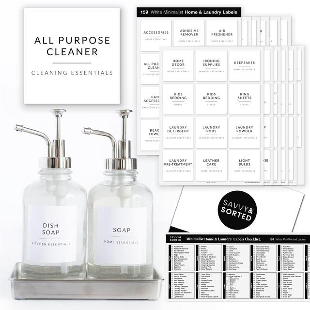 159 Minimalist Home Laundry Labels for Organizing - Linen Storage Labels, Laundry Room Labels, Cleaning Labels - Preprinted Organization Labels for Storage Bins - Organizing Laundry Labels for Jars