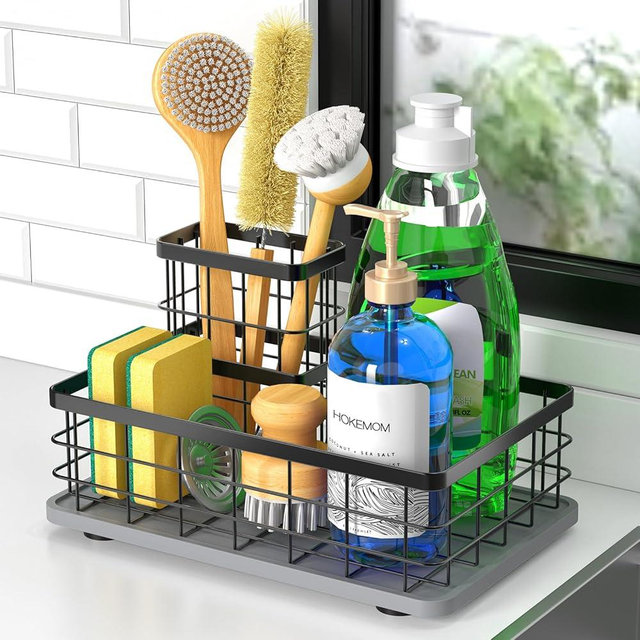 HOKEMOM EXTRA LARGE Kitchen Sink Caddy Organizer, [FLEXIBLE PLACEMENT & FAST-DRYING] Sponge Holder for Kitchen Sink Countertop,Stainless Steel with Rust-Resistant Coating-10.24" L x 6.5" W x 5.83" H
