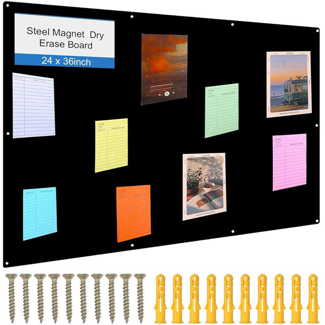 Ireer Magnetic Board Steel Magnet Bulletin Boards for Walls to Display Magnetic Notes Photos for Home Office Classroom, Pre Drilled with Screws and Dry Wet Erase Feature(Black,24 x 48 Inch)