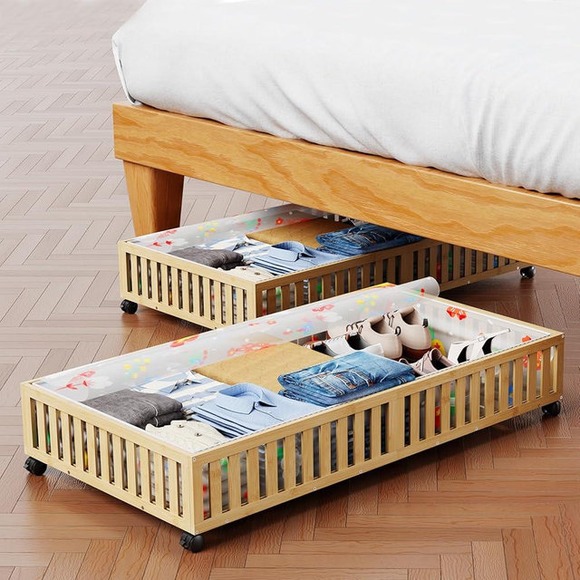 Landmok Bamboo Under Bed Storage Containers with Wheels, 40L UnderBed Drawers with Dust Bag, Breathable Under Bed Shoe Storage, Rolling UnderBed Clothes Storage, 2Pack