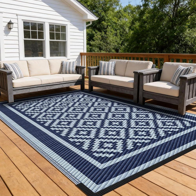 Kohree RV Outdoor Rug 9x12 Reversible, Waterproof Patio Mat with 4 Stakes & UV Fade Resistant, Non-Slip Outdoor Camping Mat for Deck, Picnic, Backyard, Includes Carry Bag (Blue)
