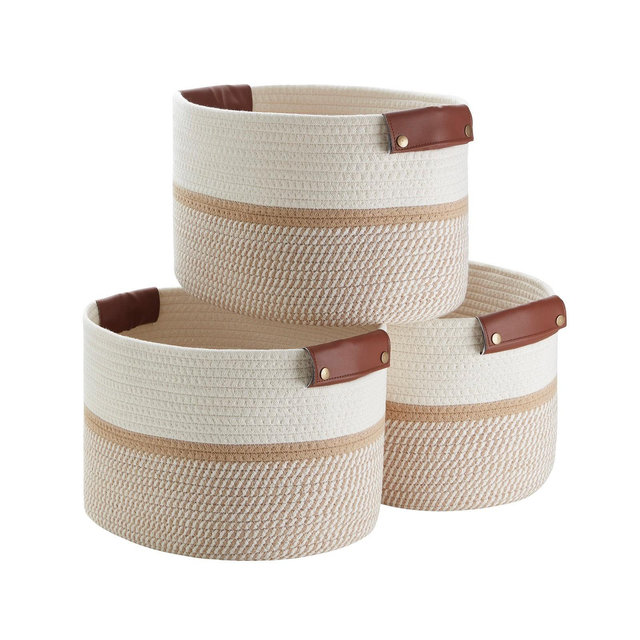 Ornavo Home 3 Pack Cotton Rope Shelf Storage Basket with Faux Leather Handles - White/Brown