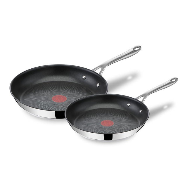 Jamie Oliver by Tefal Cook's Direct Stainless Steel Frying Pan Set, (24 & 28cm) – Non-Stick, Heat Indicator, Safe-Grip Riveted Handle, Induction Compatible – E304S244