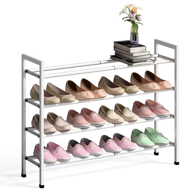 Bumusty 4-Tier Expandable Shoe Rack for Closet, 18“-33” Adjustable Shoe Rack for Small Space, Small Shoe Organizer for Front Door, Sturdy Metal, White