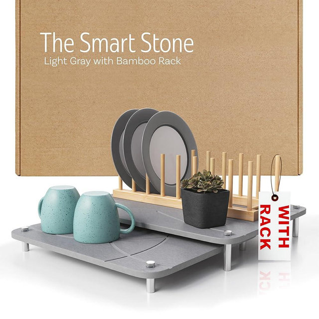 Nested Dish Drying Stone Mat with Bamboo Rack | 2 Pcs Diatomaceous Earth Stone Drying Mats for Kitchen Counter with Non-Slip Feet | Collapsible Large Drying Stone for Dishes (Light Gray)