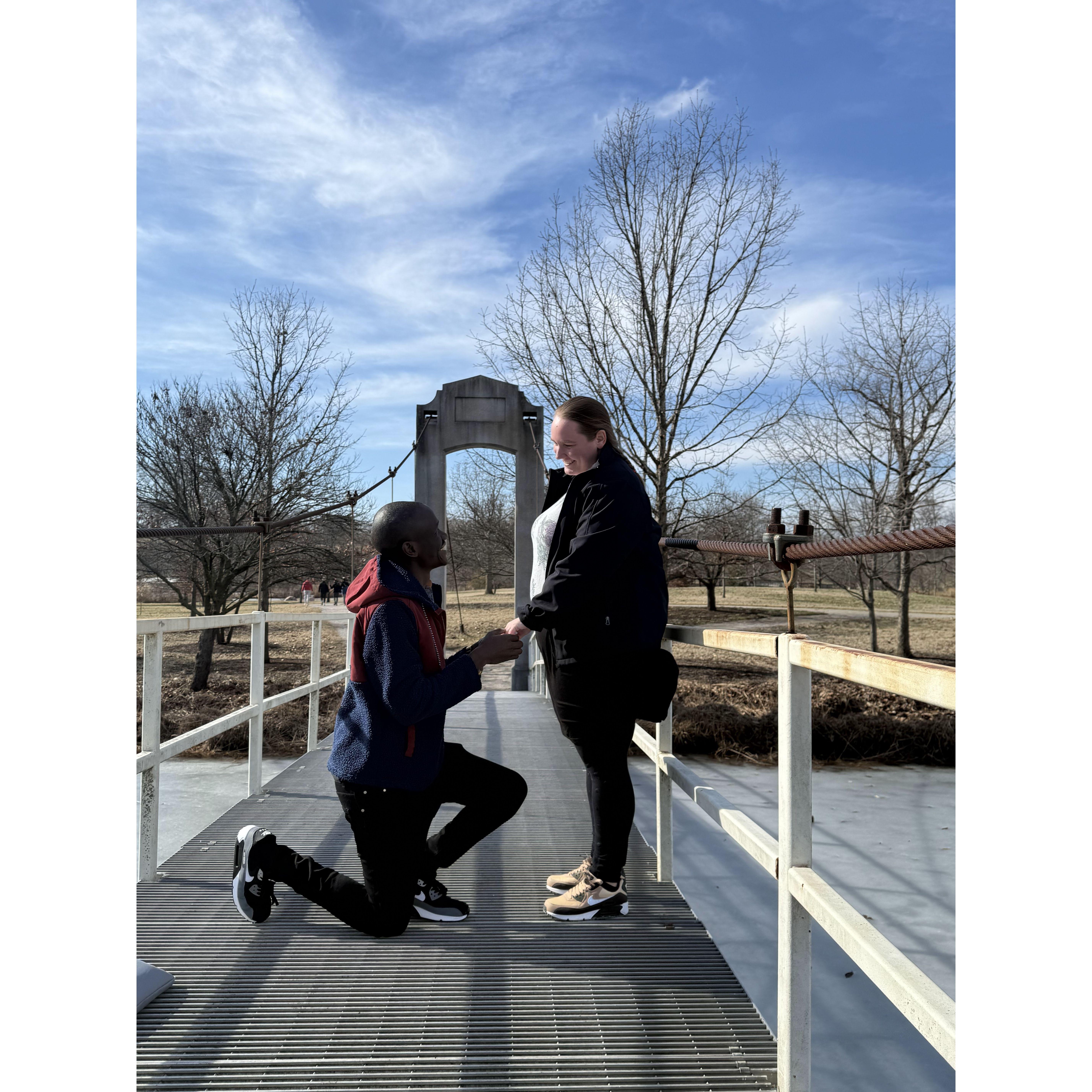 A very special day when George proposed on a suspension bridge in the scenic Forrest Park