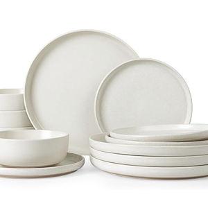 Famiware Milkyway Plates and Bowls Sets, 12 Pieces Dinnerware Sets, Reactive Glaze Dish Set, Stoneware Dishes Set for 4, Matte Beige White