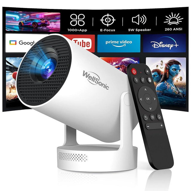 【Built-in APPS&Electric Focus】WellSonic Mini Projector with Wifi and Bluetooth, Portable Projector 4K Support, 5W Speaker, Auto Vertical Keystone&180°Rotatable, Smart Proyector for Movie Home Outdoor