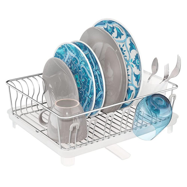 mDesign Alloy Steel Sink Dish Drying Rack Holder with Plastic Swivel Spout Drainboard Tray - Dish Rack/Dish Drainer Storage Organizer for Kitchen Counter - Concerto Collection, Chrome/Clear
