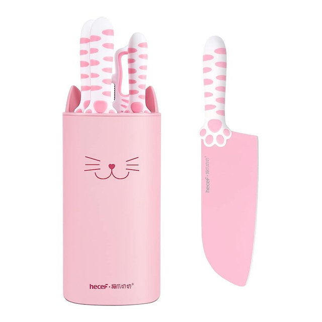 hecef Cute Kitchen Knife Set,5-piece Non-Stcik Knives Set with Detachable Block and Scissors,Sharp Kitchen Knives for Chopping, Slicing, Dicing and Cutting (Pink)