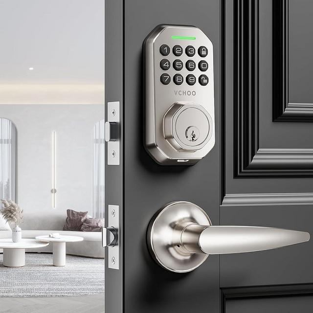 VCHOO Keyless Entry Door Lock Deadbolt with Handle Set Smart Locks for Front Door with Lever Handles Auto Locking, Anti-Peeping Password, Easy Installation for Homes Hotel Bedroom Doors Satin Nickel