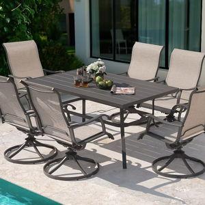 Nuu Garden 7 -Piece Grey Patio Dining Set Iron Rectangle Table with 6 Beige Swivel Chairs