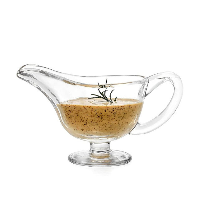 Classic Glass Gravy Boat with Handle 10 oz. from 1500 C Tabletop Crystal Clear Gravy Sauce Dish Serving for Dining Holiday Small Family Meals Party Handmade Home Restaurant Kitchen Salad Dressing