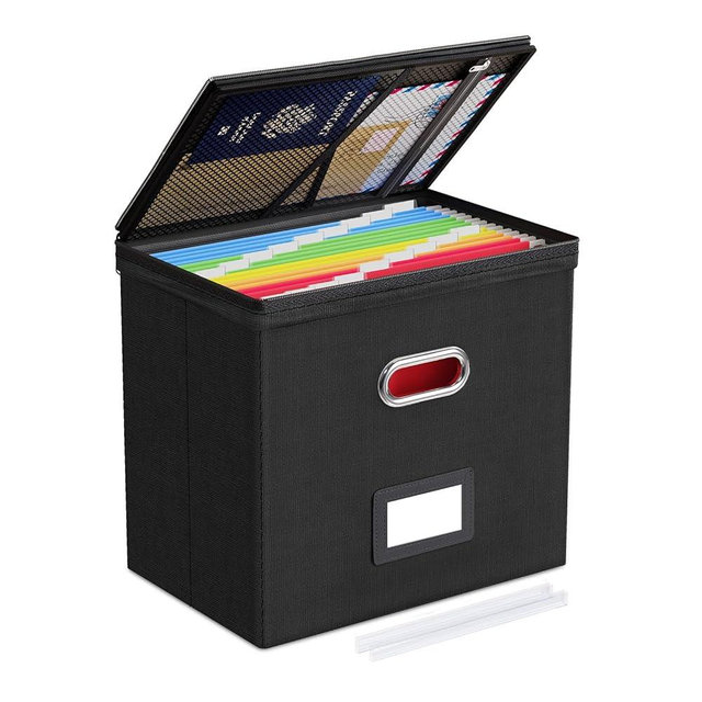 Oterri 1 Pack File Organizer Boxes with Lids, File Box with Mesh Pockets, Document Organizer Box for File Folders Letter Size, Zippers Filing Box for Home, Office, School (Black, Without Folders)