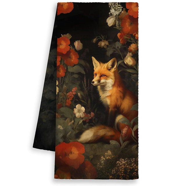 Dimurela Vintage Fox Floral Kitchen Towels, Black Botancial Hand Towels Decor for Bathroom, Goth Gothic Dish Towel, Rustic Fall Tea Bar Waffle Towel for Dining Room College Dorm 16x24in
