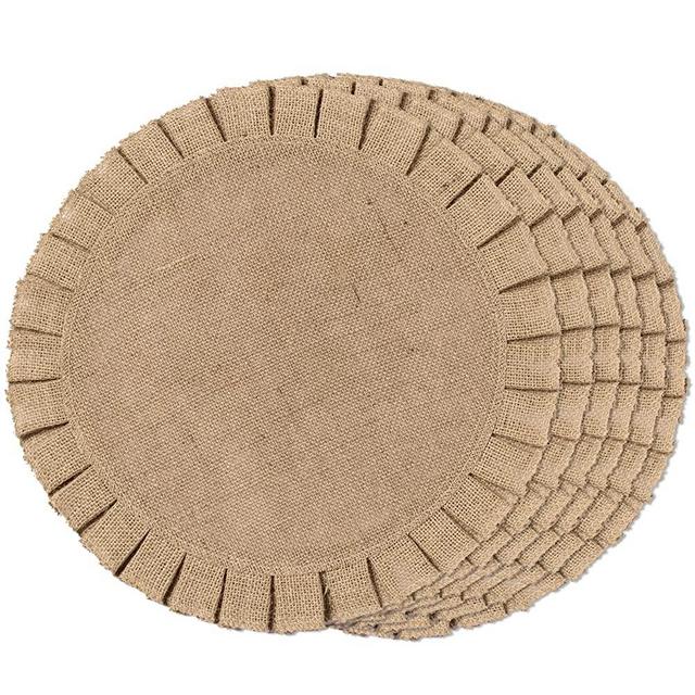 FunWheat Burlap Round Braided Placemats Set of 6 for Dining Tables 15 Inch Heat Resistant Jute Table Mats Farmhouse Woven Natural Fabric Rustic Place mats for Decoration (Ruffle Lace)