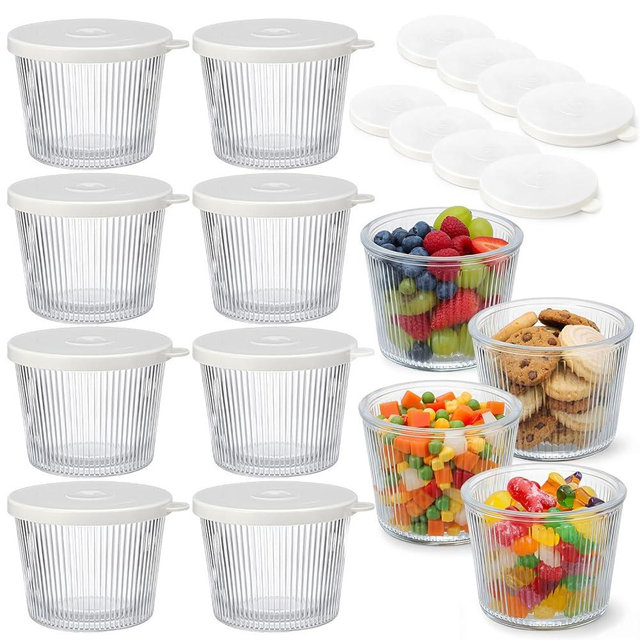 8pc Set of Small Ribbed Dessert Glass Bowls with Lids 6.8oz Stackable Custard Cups Clear Glass Containers Ramekins Condiment Bowls with White Covers for Sauces Dips, Nuts Oats, Candy Dessert, Cereal