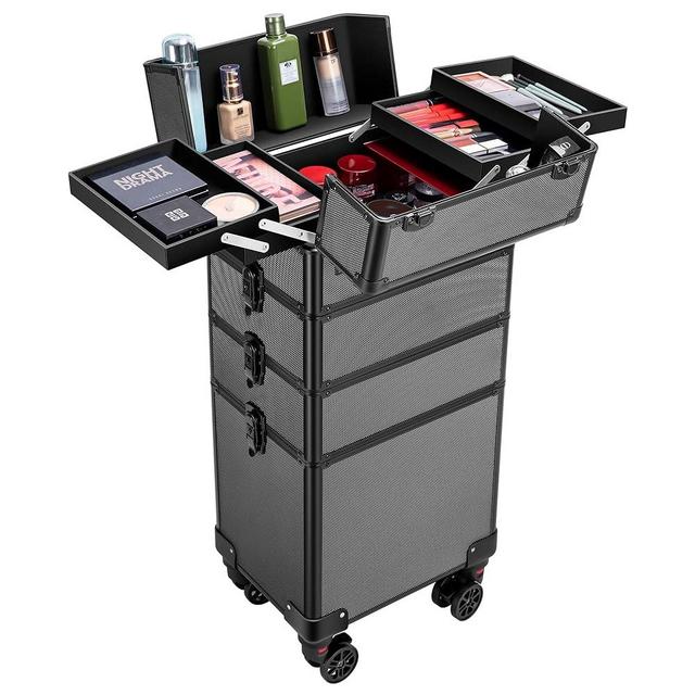 VIVOHOME 4 in 1 Makeup Rolling Train Case Aluminum Trolley Professional Cosmetic Organizer Box with Shoulder Straps 2 Keys Black(Cosmetic are not included)