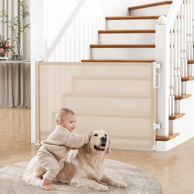 Cideny Retractable Baby Gate for Stairs, 55" Wide Mesh Dog Gate Indoor, 34'' Tall Child Gate for Doorways, Hallways, Deck, Indoor Outdoor Pet Baby Safety Essentials for Home, Beige