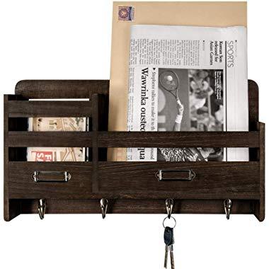 Mkono Mail Sorter Organizer Wood Key Holder Organizer for Wall, Rustic 2-Slot Wall Mail Holder with Tags Frame & 4 Key Hook Rack for Entryroom, mudroom,Hallway, Kitchen, Office,Dark Brown