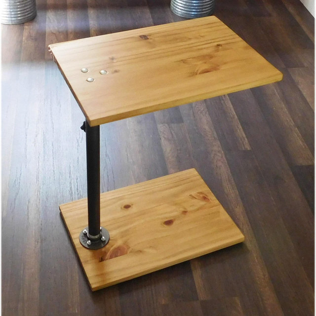 Rustic Solid Pine Top Adjustable Height Industrial Black Iron Pipe C Table