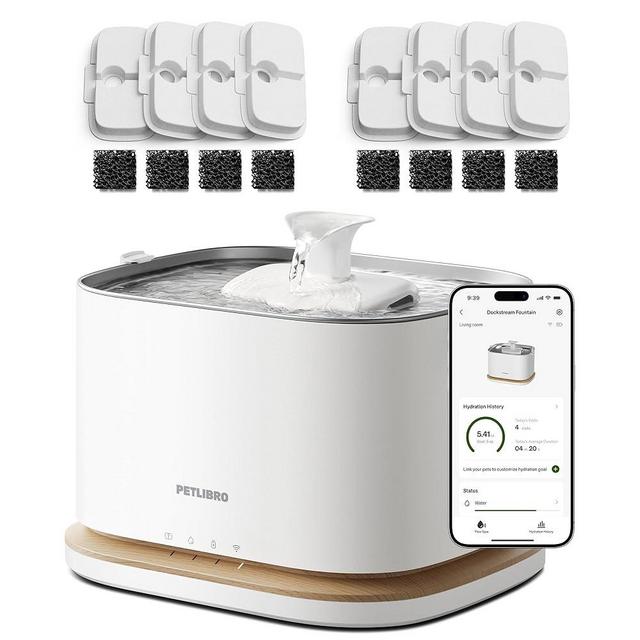 PETLIBRO Upgrade Cordless Cat Water Fountain + 8 Packs Genuine Cat Fountain Filter Replacement, App Monitoring 3L/101oz Dockstream 2 Pet Water Fountain with Stainless Steel Tray, 4-Month Set Easy-Swap
