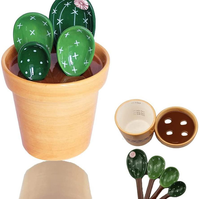 5 Pieces Measuring Spoons Set / Ceramics Spoons and Measuring Base Cup / for Dry and Liquid Ingredient, Cute Cactus Shape (Solid color base)