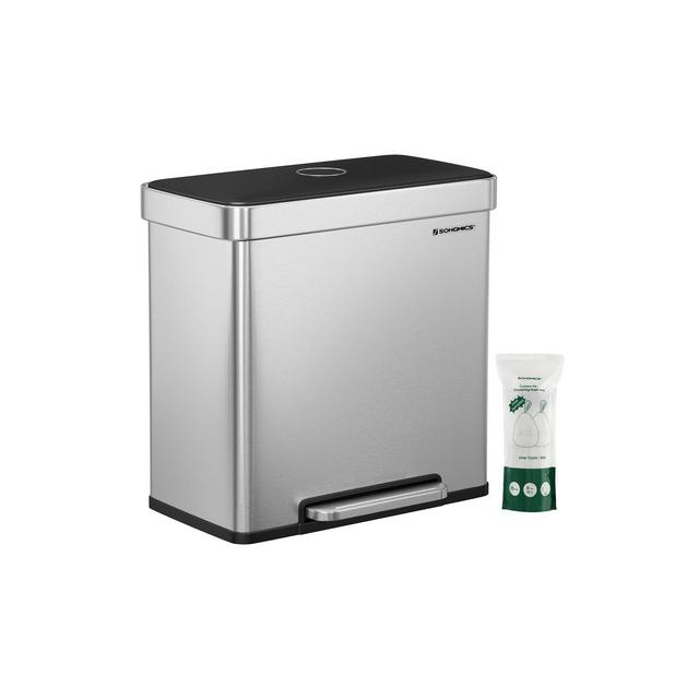 SONGMICS Kitchen Trash Can, 16 Gallon Dual Compartment Garbage Can, 60L Pedal Recycling Bin,15 Trash Bags Included Silver