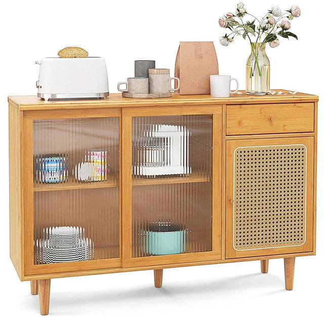 Giantex Buffet Cabinet with Storage, Bamboo Sideboard, Drawer, Rattan Glass Door Cabinet, Kitchen Cupboard, Farmhouse Console Table for Entryway Dining Room Coffee Bar