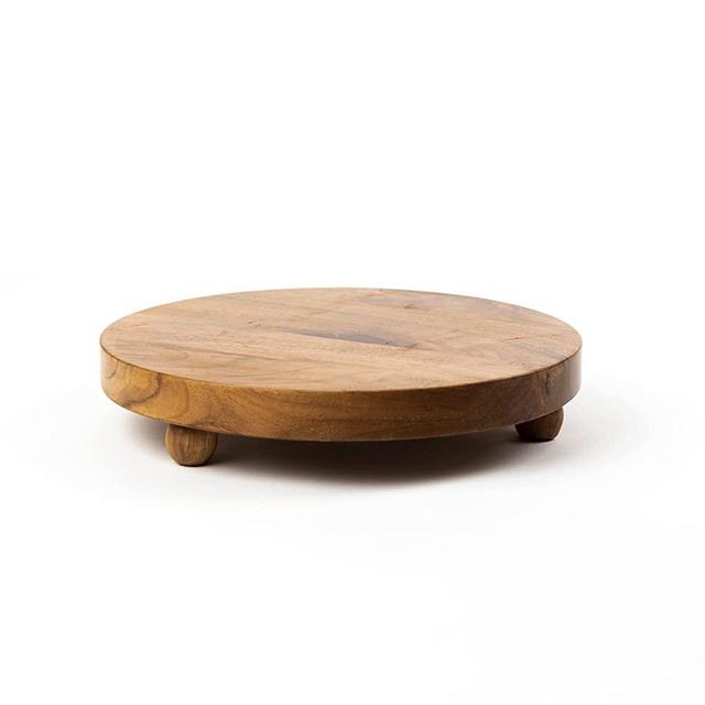 Round Acacia Wood Pedestal Board, Wooden Decorative Display Tray with Feet (10")