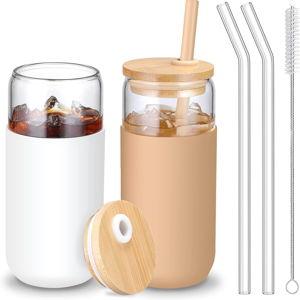 20 OZ Glass Cups with Bamboo Lids and Straws - Beer Can Drinking Glasses with Silicone Protective Sleeve Set, Iced Coffee Glasses, Cute Tumbler Cup for Water, Smoothie, Boba Tea, Gift - 2 Pack