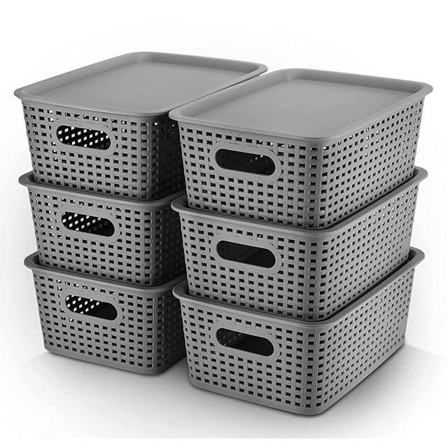 AREYZIN Plastic Storage Baskets with Lid Organizing Container Lidded Knit Storage Organizer Bins for Shelves Drawers Desktop Closet Playroom Classroom Office, 6 Pack