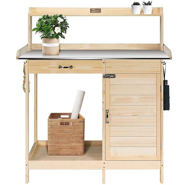 VIVOSUN Garden Potting Bench Outdoor Wood Workstation Table with Metal Tabletop, Cabinet, Sliding Drawer Shelf Natural Wood