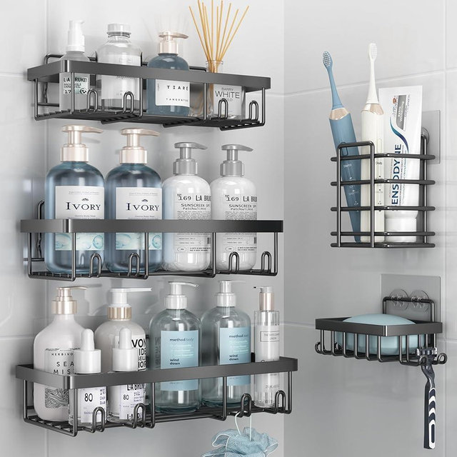 Liuoud 5 Pack Shower Caddy Organizer Rack Shelf for Inside Shower, Self Adhesive Bathroom Wall Storage Basket Rustproof Stainless Steel Large Capacity Shampoo Holder, Dark Grey