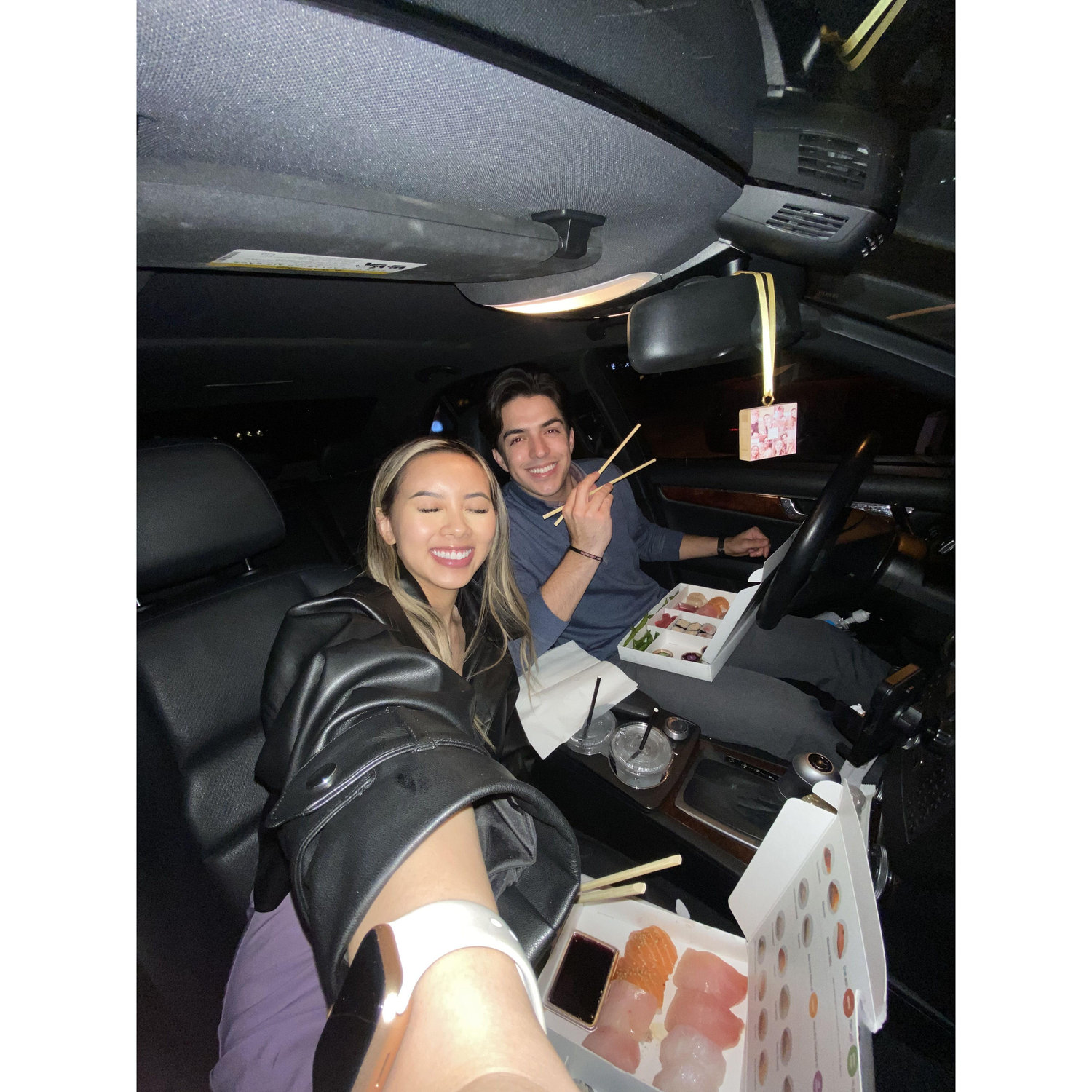 May 13, 2024 - They wanted to eat at SugarFish for their birthdays, but the wait was 2 HOURS, so they decided to grab it to-go and had a date night in the car!