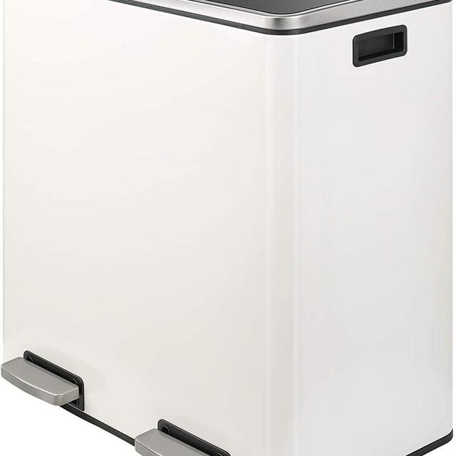 WHITE - LAZY BUDDY Dual Trash Can, 16 Gallon (2x30L) Step Rubbish Bin, Stainless Steel Double Compartment Classified Recycle Pedal Garbage Bin, Suit for Bathroom Kitchen Office Home, Indoor and Outdoor