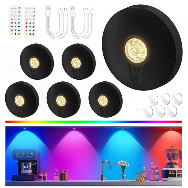 Rechargeable Puck Lights with Remote, 6 Pack Magnetic Under Cabinet Lighting, 1500mAh Battery Operated LED Tap Lights with Dimmer & Timmer for Kitchen, Closet, Shelf - 3 Color Temps & 12 RGB, Black