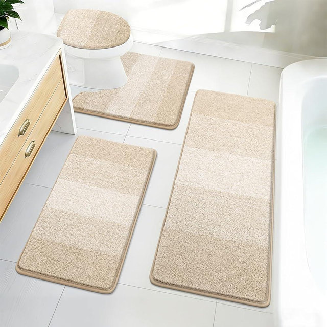 Bsmathom Bathroom Rug Set Bath Rugs Microfiber Non Slip Bathroom Set 4 Piece with Toilet Cover, Washable Absorbent Bath Mat, Light Beige