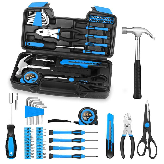 39 Piece Basic Home Tool Set Household Tool Set General Repair Small Hand Tool Kit in Toolbox Storage Case for Home Garage Office College Dormitory Use, Blue