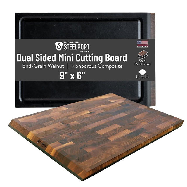 STEELPORT Mini Cutting Board 9"x6" - Steel Reinforced, Utlra-thin Butcher Block | Dual Sided - End-grain Walnut Wood, Composite Side | Chopping Board with Juice Groove | USA Made for Home, Chefs