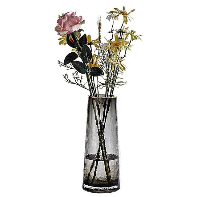 Flower Vase, Hammered Crystal Glass Flower Vase, Flower Arrangement Vase with Golden Rim Decor, Modern Decorative Centerpiece Gray Clear Glass Vase for Home Office Decor, 10.23'' H x 3.9'' D