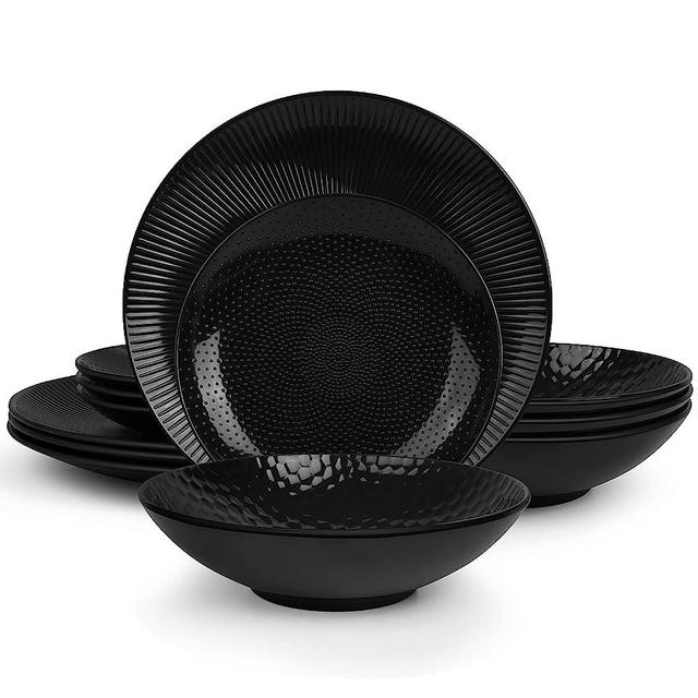 afcevnlb Black Dinnerware Sets 12 pcs Melamine Plates and Bowls Sets Round Dinner Set with Plates, Dishes, Bowls and Serving Platters, Kitchen Dinnerware Sets for 4