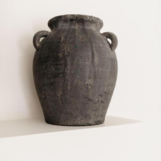 Mulberry Lane Co. Handmade Black Vase - 9.5'' Tall Terracotta Vase, Vintage vase, Black Ceramic vase, Rustic Antique Decor with 3 Ear Design, Wide Mouth, Non-Slip Bottom, Matte Finish for Home Decor