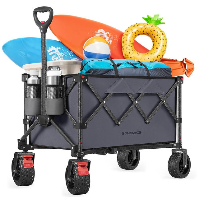 SONGMICS 40-Gallon Collaspible Wagon, Wagons Carts Foldable, for Camping Garden Outdoor, with Handle, Holds up to 330 lb, 4 Removable Wheels, Space-Saving, Slate Gray UGFW115G01
