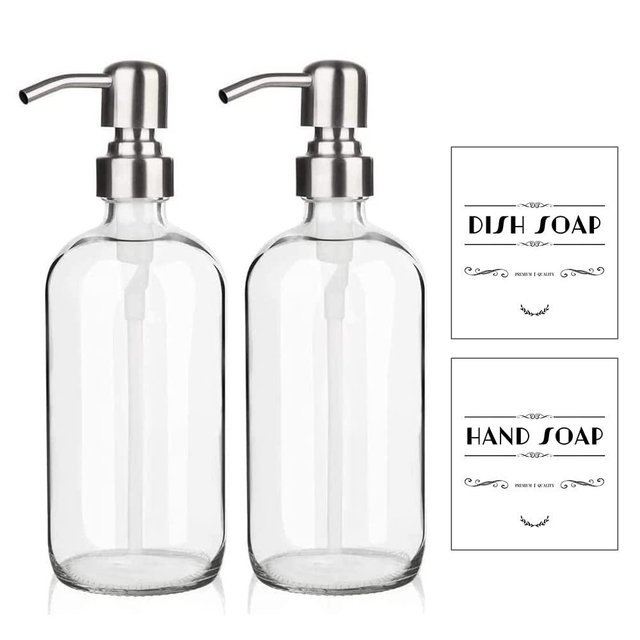 ARKTEK 2 Pack Glass Soap Dispenser - Clear Dish Soap Dispenser for Kitchen, Refillable Liquid Hand Soap Dispenser with Rust Proof Stainless Steel Pump for Bathroom, Countertop, White Pump,17Oz/ 500ML