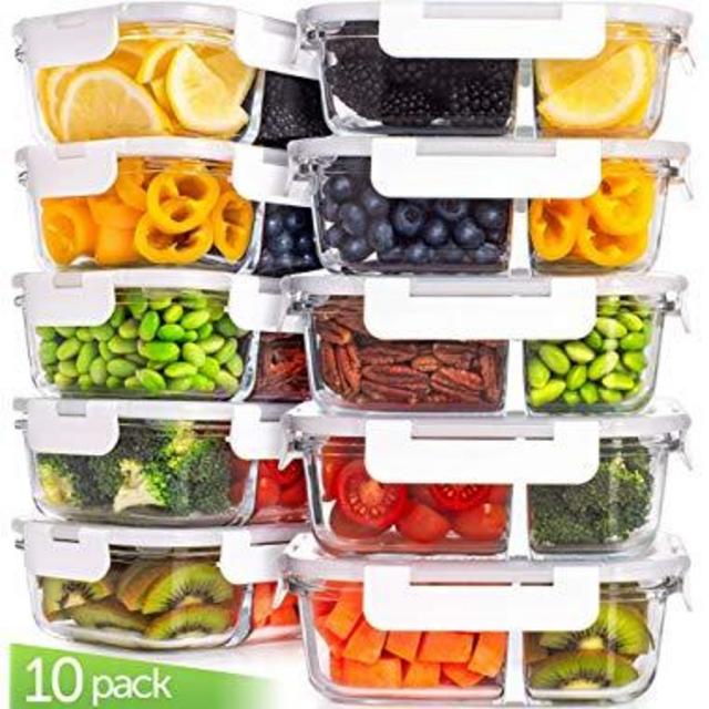 Prep Naturals Glass Meal Prep Containers Glass Food Storage Containers with Lids - 2 Compartment Glass Lunch Containers (20 Pcs.) Glass Storage Containers with Lids Glass Containers for Food Storage