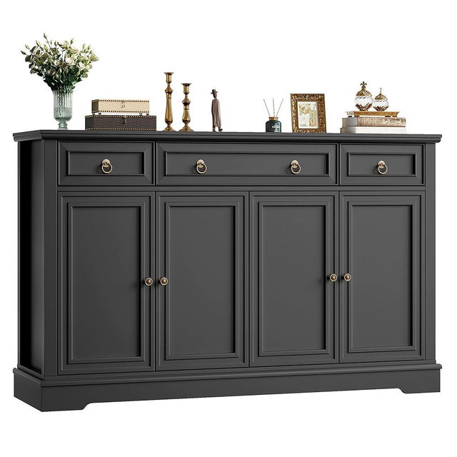 FINETONES Buffet Cabinet with Storage, 52.7" Large Sideboard Buffet Table, Black Kitchen Cabinet with 3 Drawers and 4 Doors, Wood Coffee Bar for Kitchen Dining Room, Black